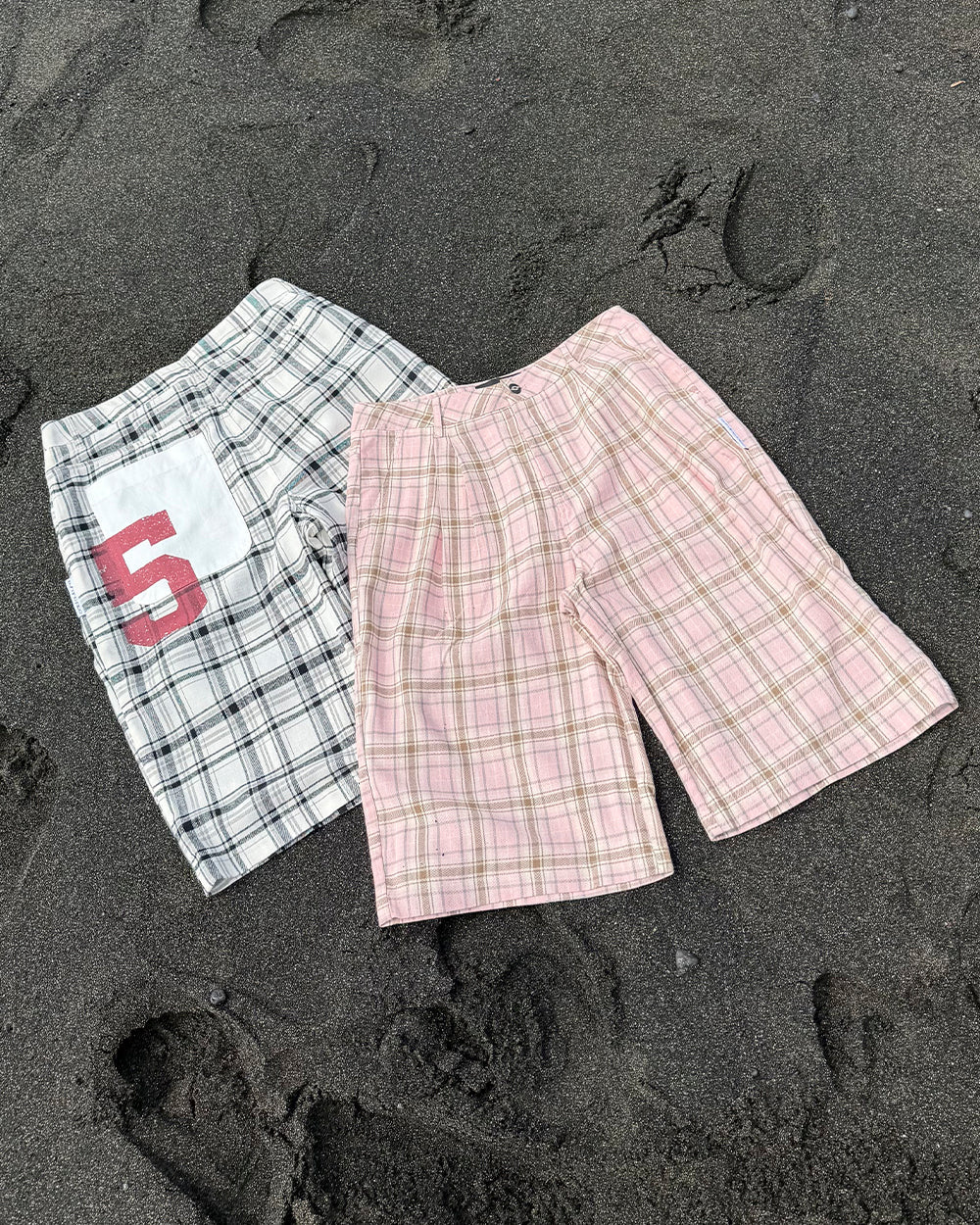 DINING CHECK JORTS PINK - pink checkered shorts, flat lay with matching pieces - Cold Culture