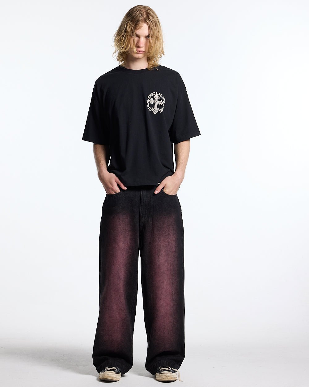 DISCHARGE TEE BLACK - black oversized graphic tee, front view on male model - Cold Culture #man
