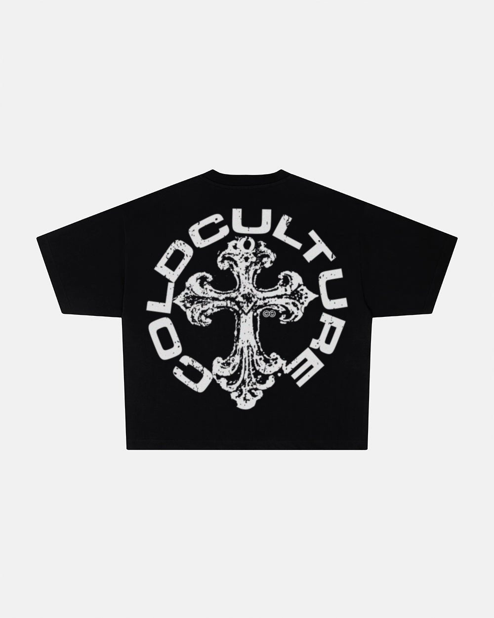 DISCHARGE TEE BLACK - black oversized graphic tee, back view - Cold Culture #packshot