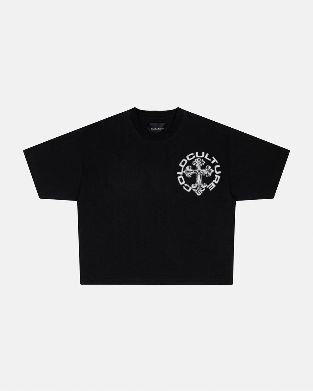 DISCHARGE TEE BLACK - black oversized graphic tee, front view - Cold Culture #packshot