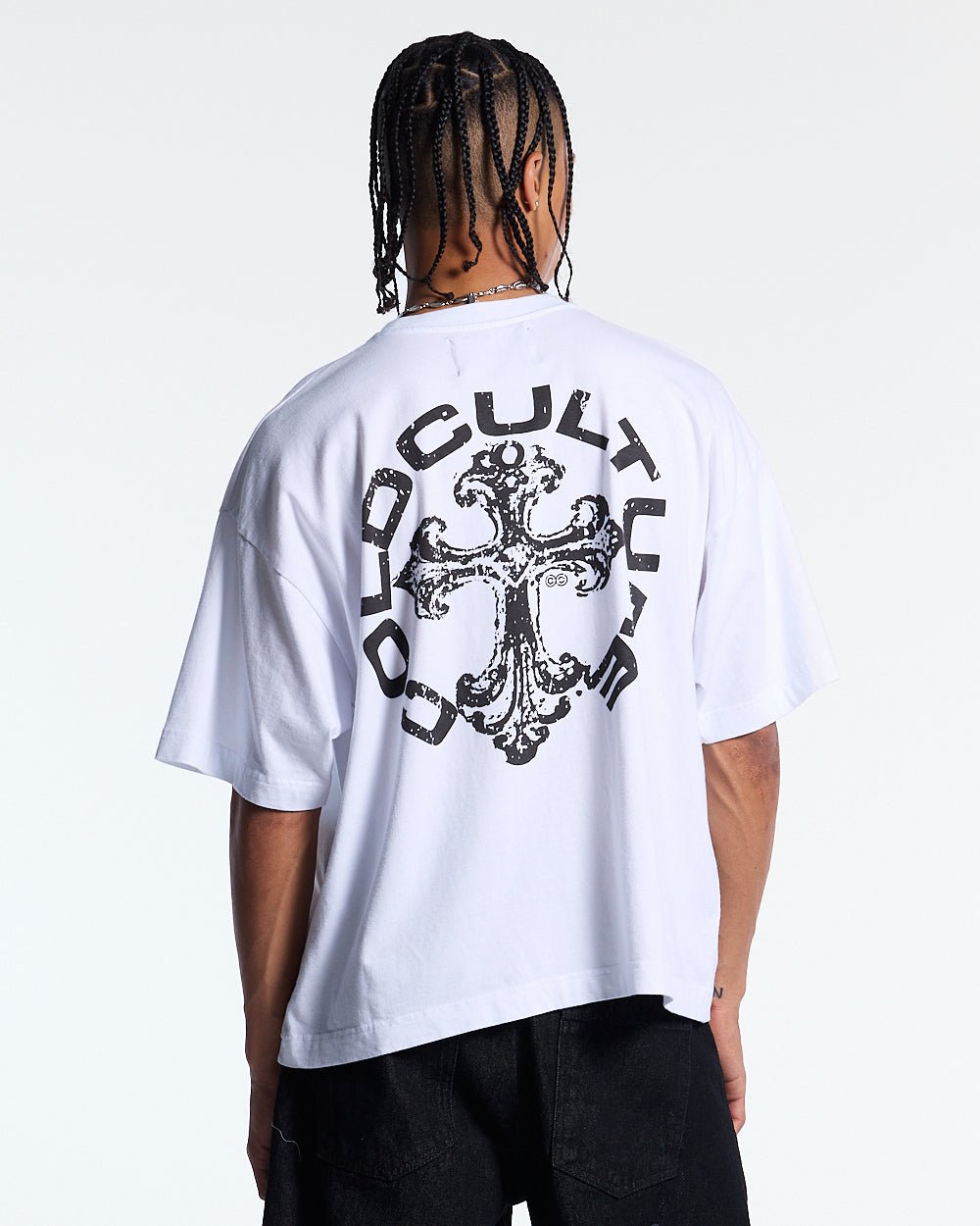 DISCHARGE TEE WHITE - white oversized graphic tee, back view on male model - Cold Culture #man