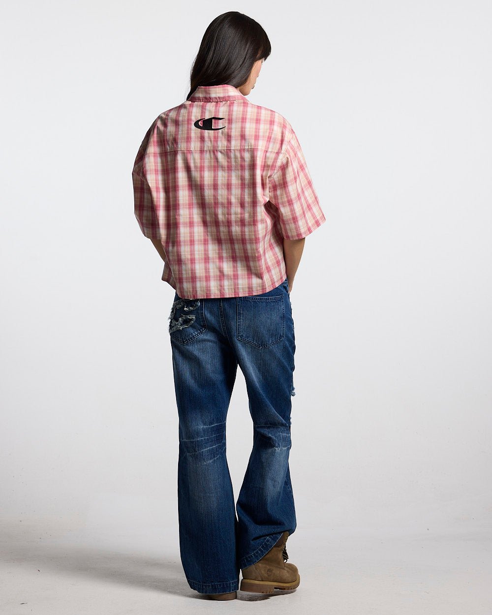 DISTORTED CHECK SHIRT - pink checked short sleeve shirt, back view on female model - Cold Culture #woman
