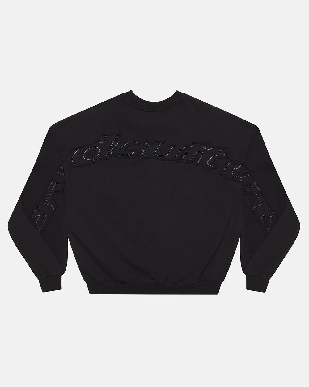 DISTRESS CURVED CREWNECK BLACK - black distressed crewneck sweatshirt, back view - Cold Culture #packshot