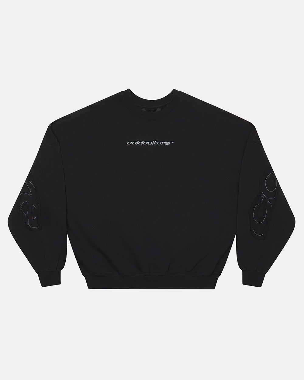 DISTRESS CURVED CREWNECK BLACK - black distressed crewneck sweatshirt, front view - Cold Culture #packshot