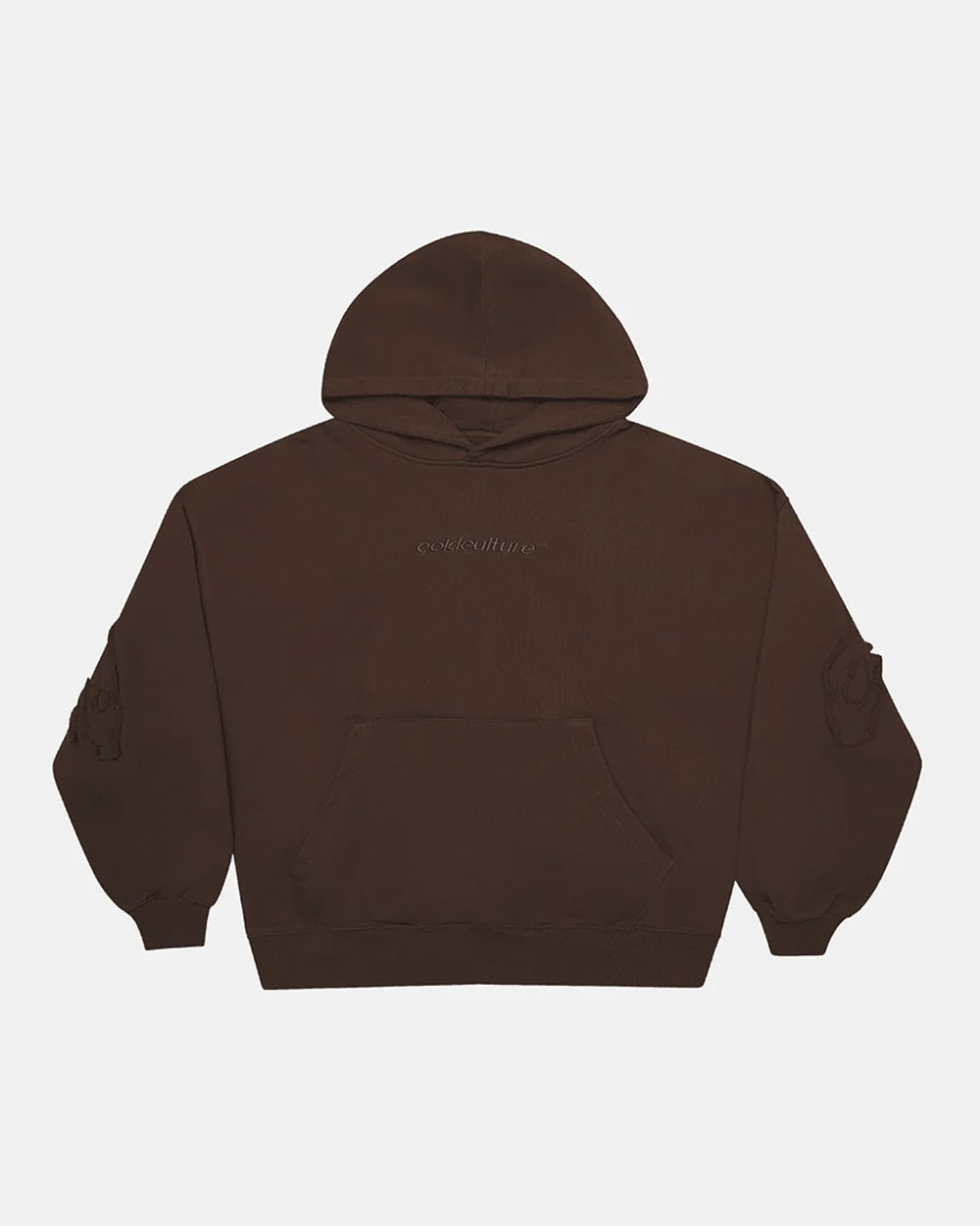 DISTRESS CURVED HOODIE BROWN - brown distressed hoodie, front view - Cold Culture #packshot