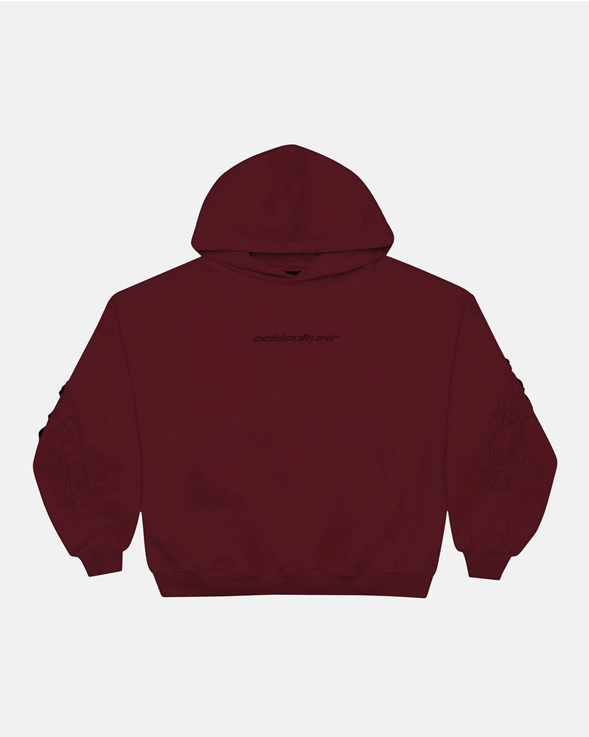 DISTRESS CURVED HOODIE BURGUNDY - burgundy distressed hoodie, front view - Cold Culture #packshot