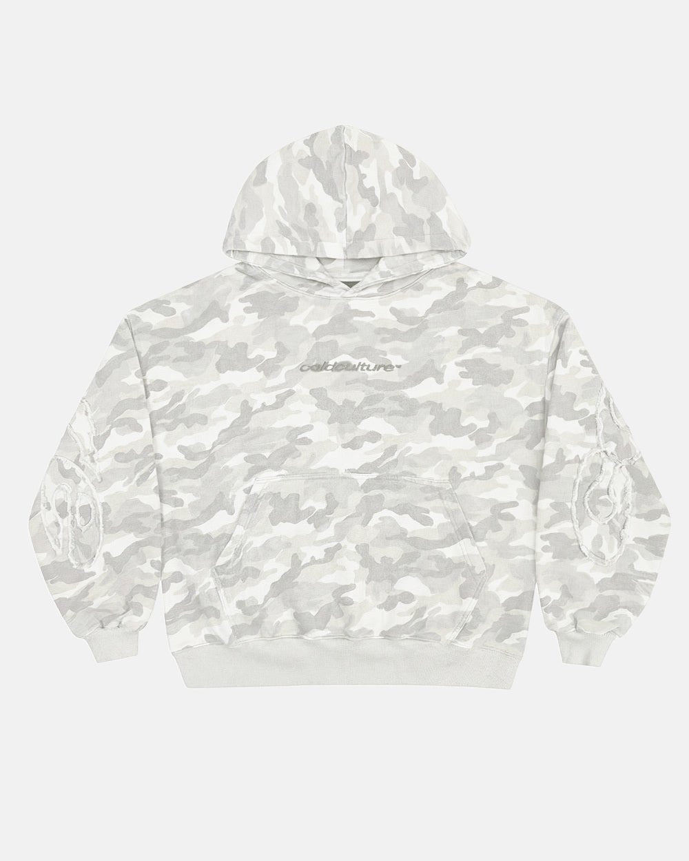 DISTRESS CURVED HOODIE CAMO GREY - grey camo hoodie, front view - Cold Culture #packshot