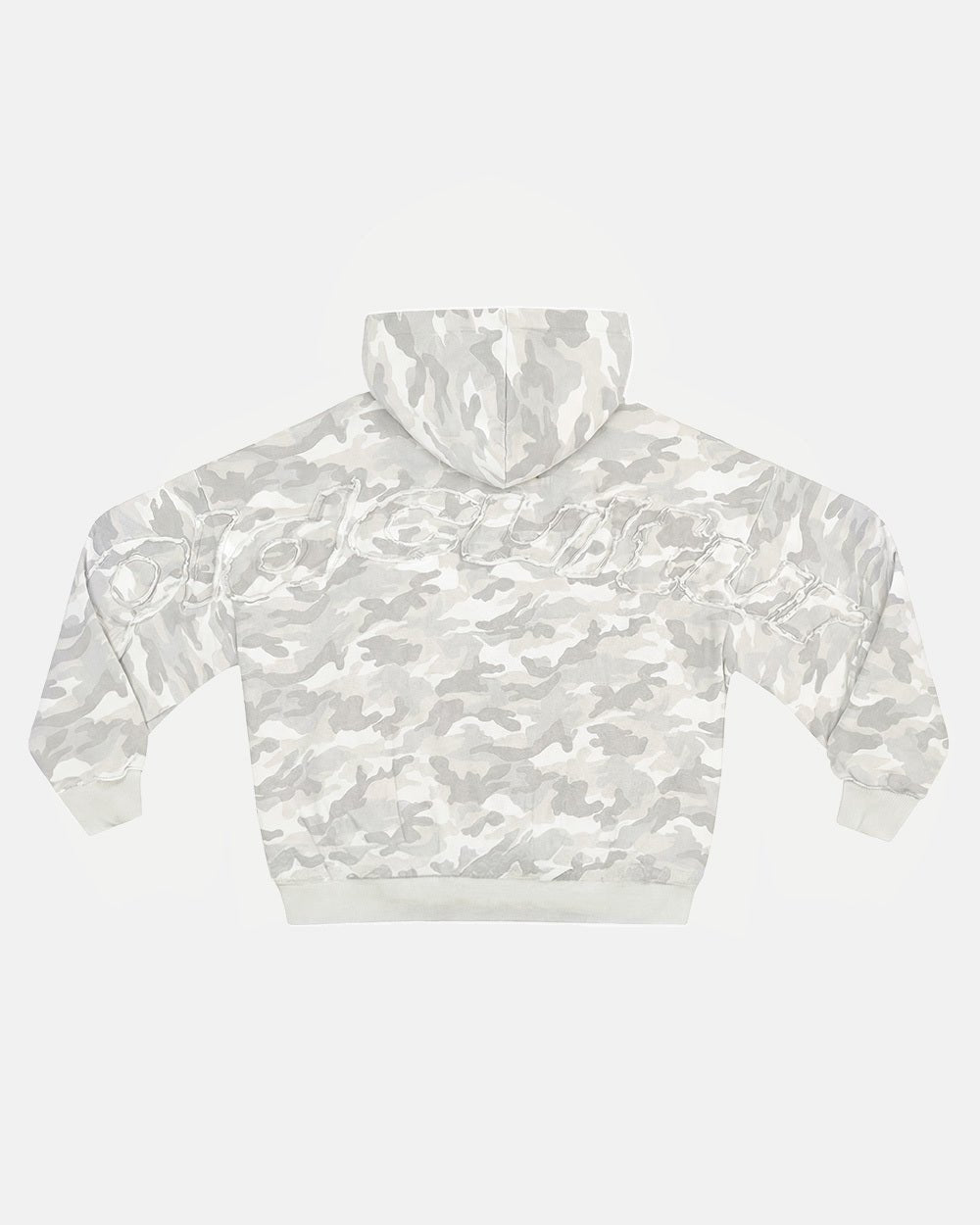 DISTRESS CURVED HOODIE CAMO GREY - grey camo hoodie, back view - Cold Culture #packshot