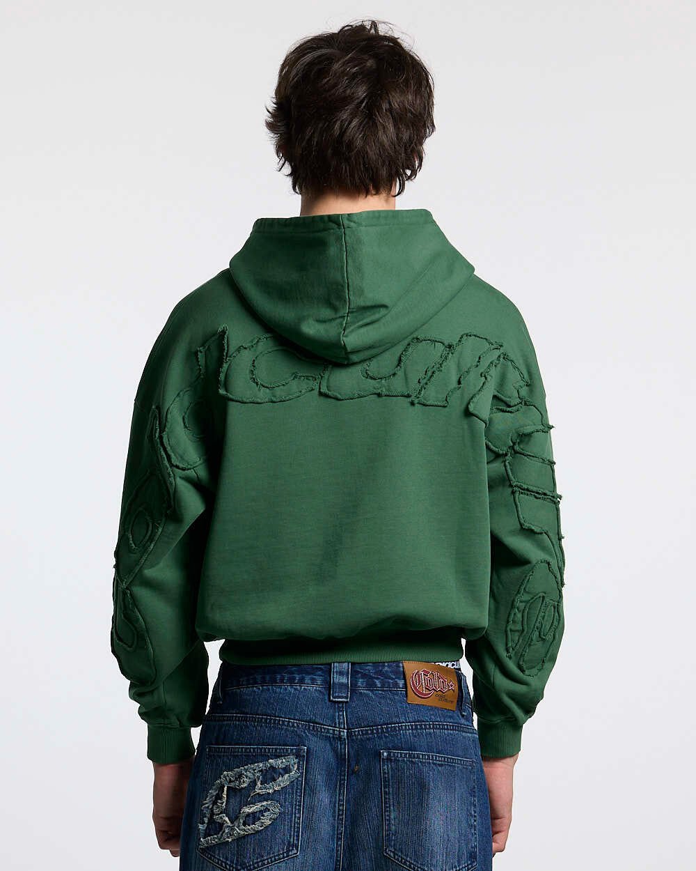DISTRESS CURVED HOODIE GREEN - green distressed hoodie, back view on male model - Cold Culture #man