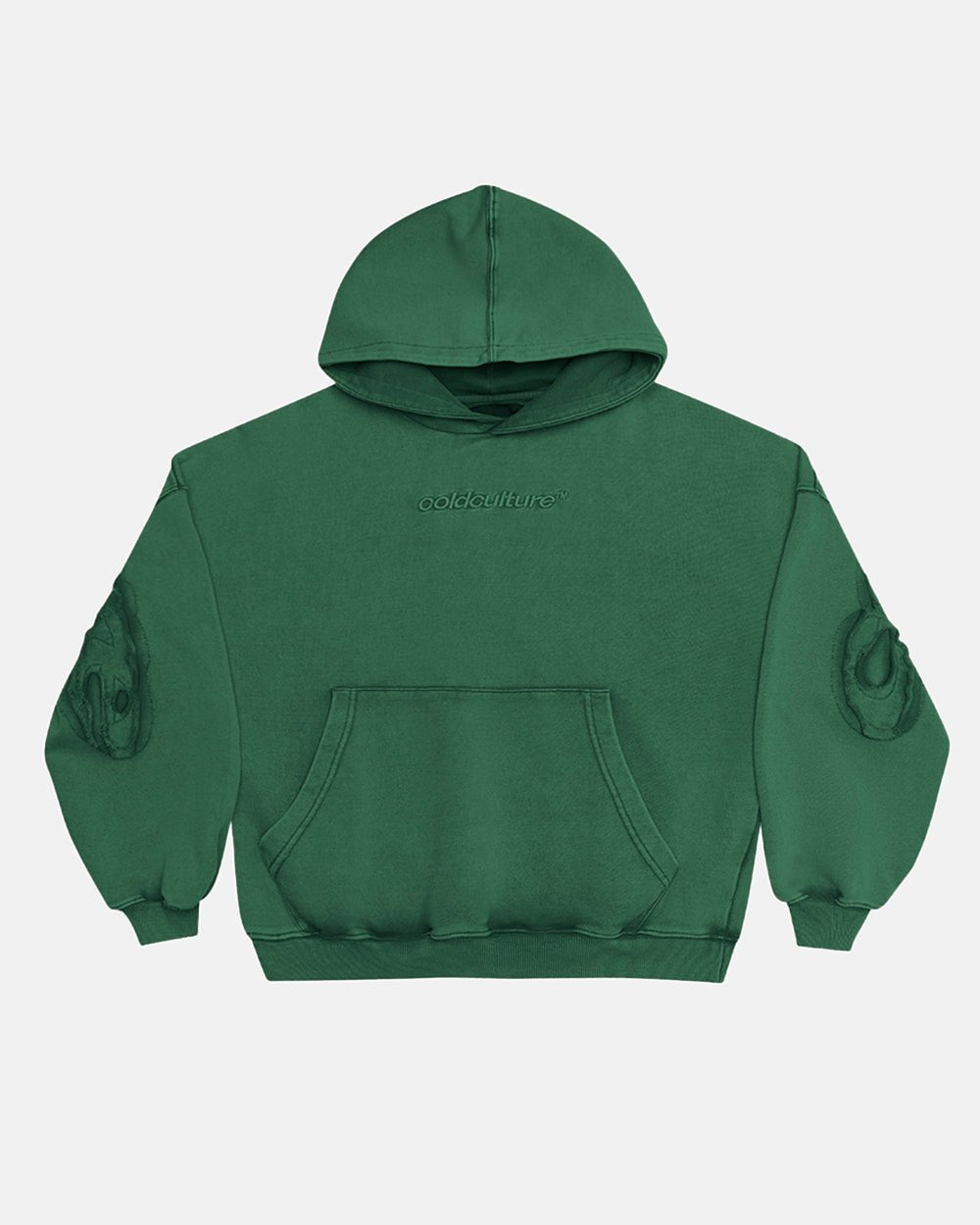 DISTRESS CURVED HOODIE GREEN - green distressed hoodie, front view - Cold Culture #packshot