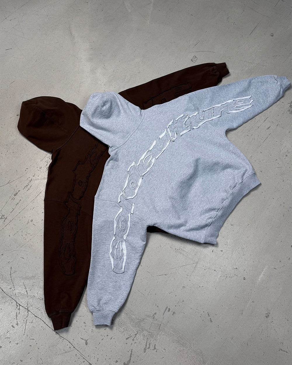 DISTRESS CURVED HOODIE LIGHT GREY - light grey distressed hoodie, flat lay with matching pieces - Cold Culture