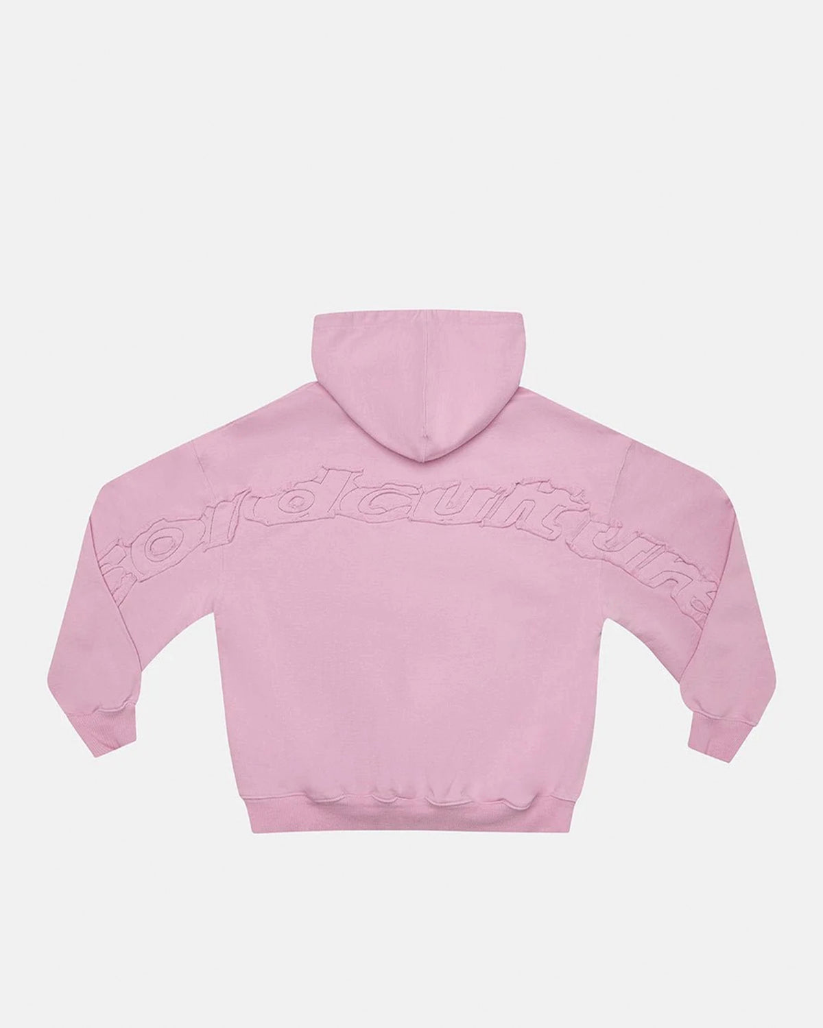 DISTRESS CURVED HOODIE PINK - pink distressed hoodie, back view - Cold Culture #packshot