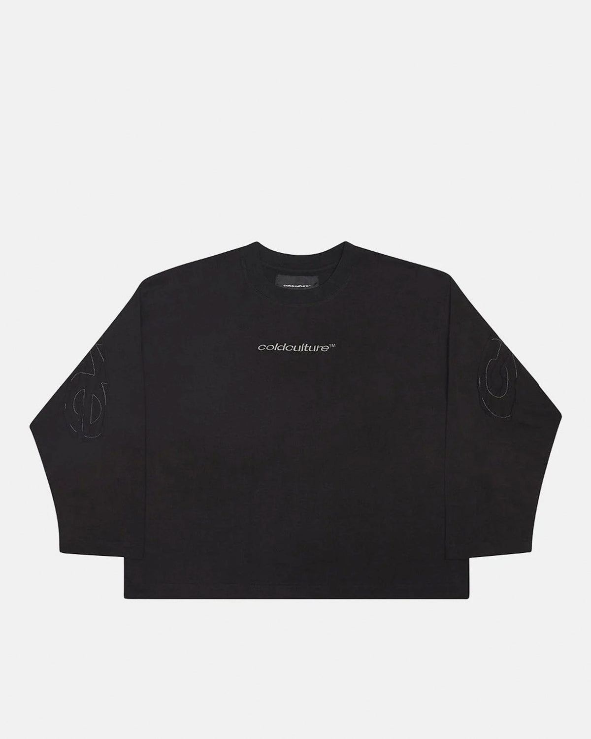 DISTRESS CURVED LONGSLEEVE BLACK - black distressed longsleeve tee, front view - Cold Culture #packshot