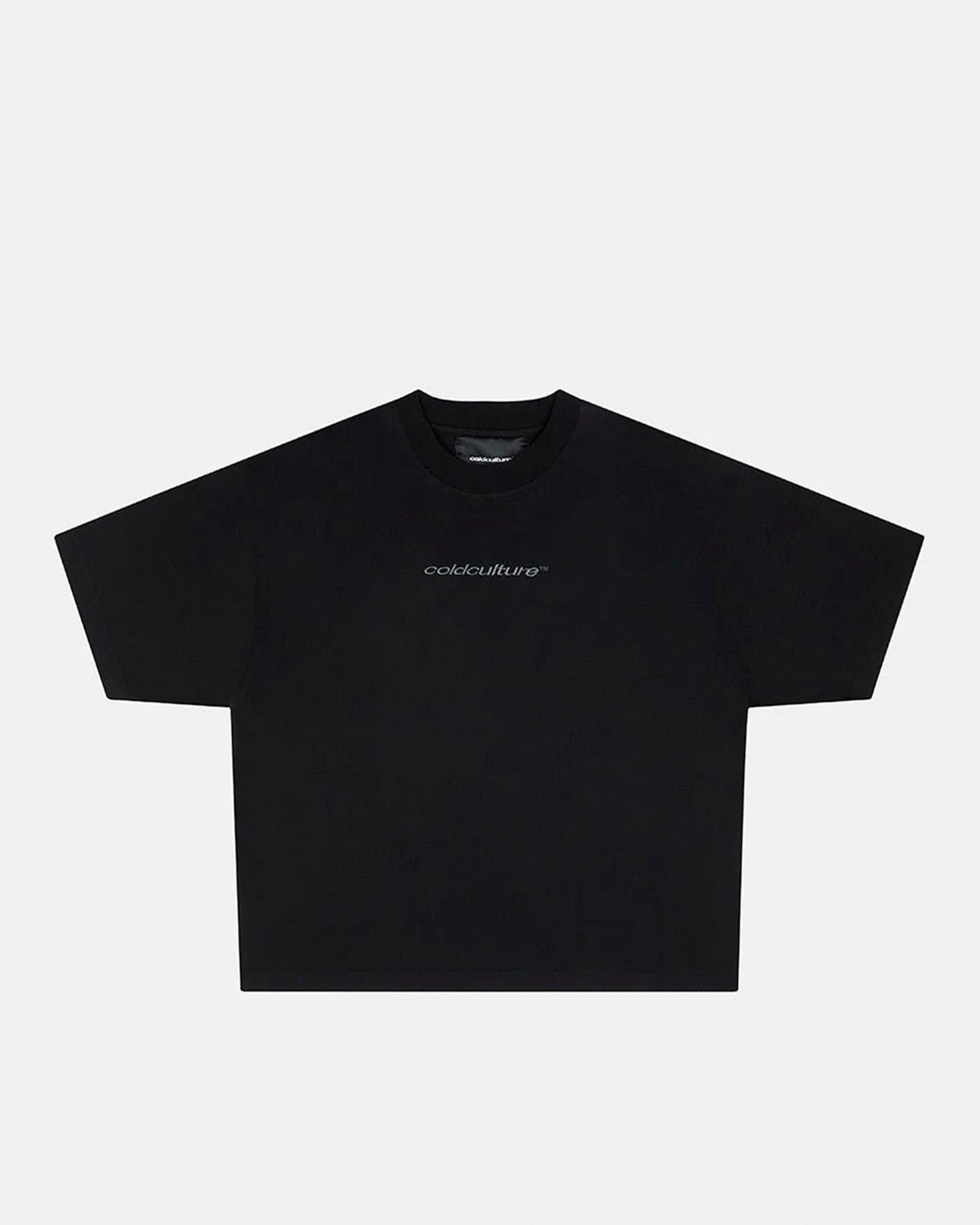 DISTRESS CURVED TEE BLACK - black distressed tee, front view - Cold Culture #packshot