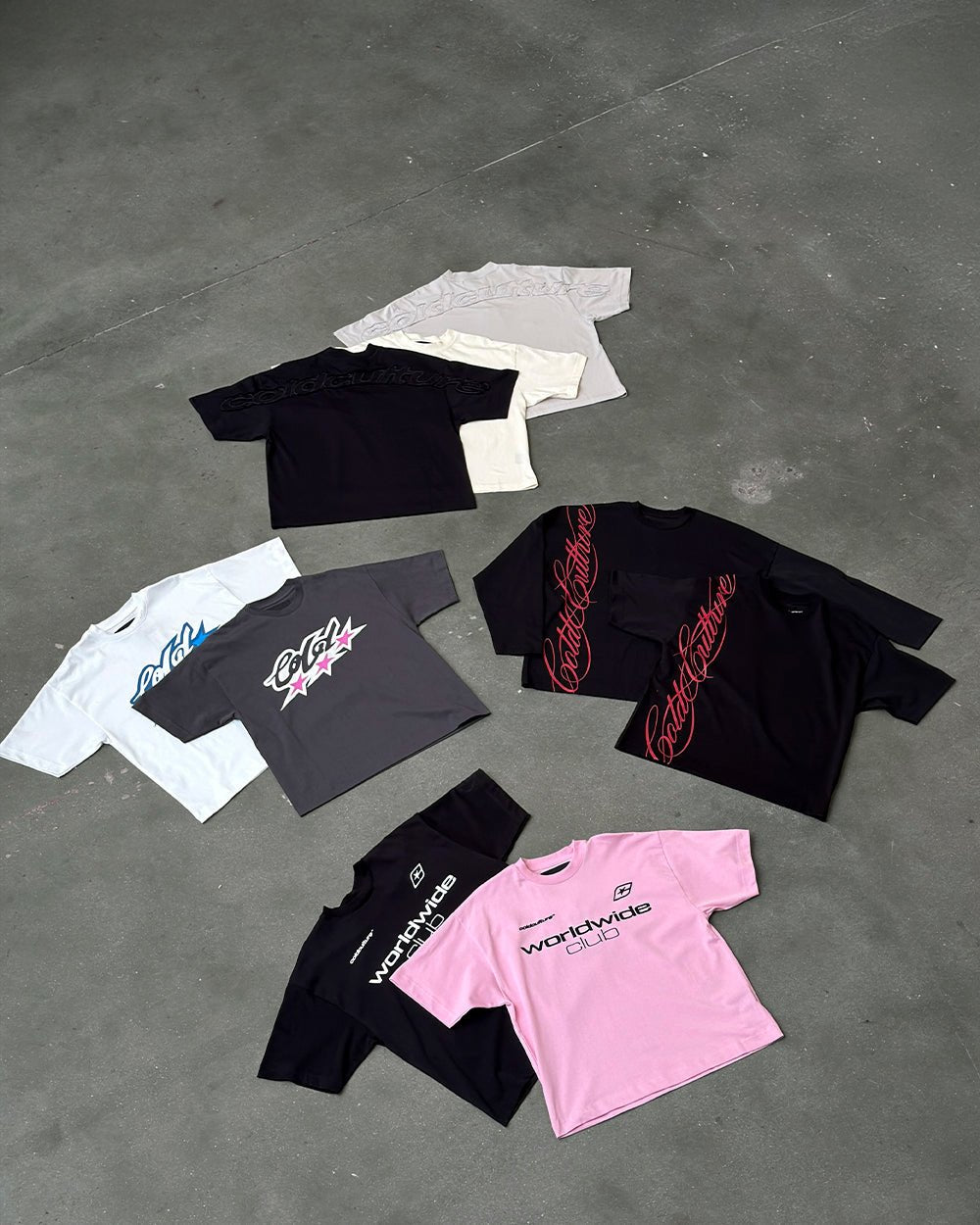 DISTRESS CURVED TEE CREAM - cream distressed tee, flat lay with matching pieces - Cold Culture