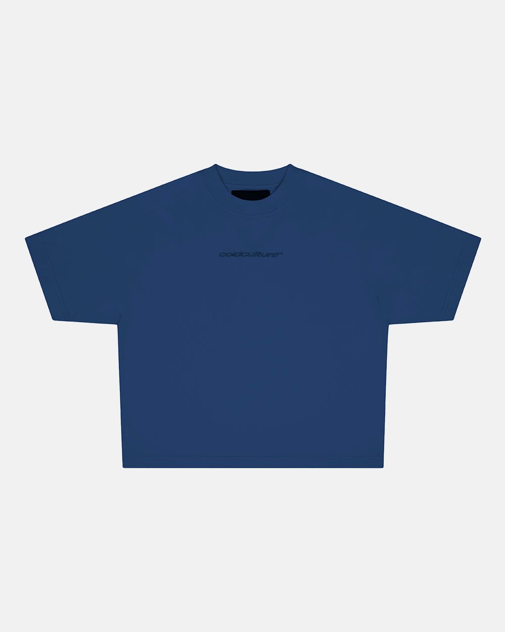 DISTRESS CURVED TEE NAVY - navy blue boxy tee, front view - Cold Culture #woman