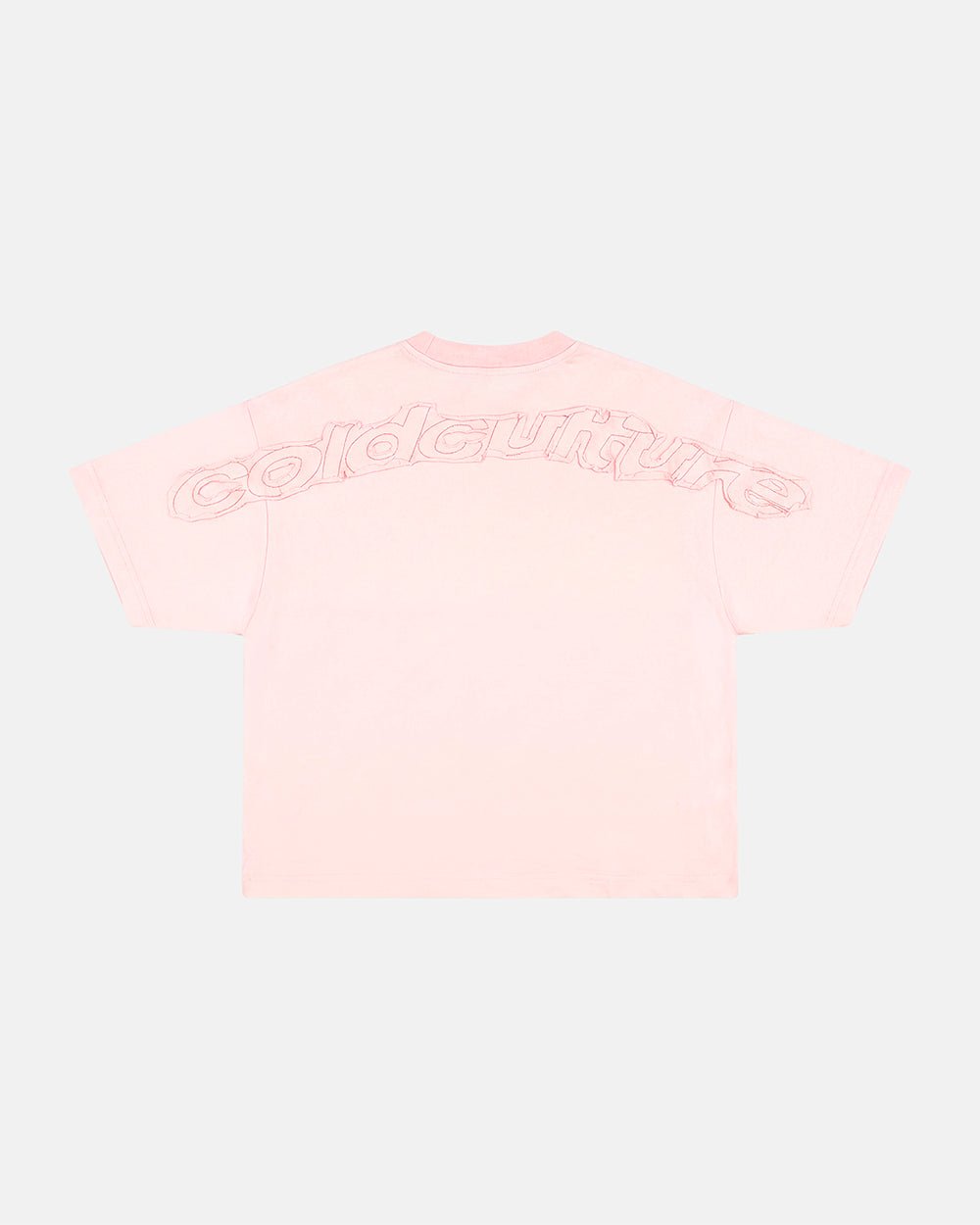 DISTRESS CURVED TEE PINK - pink distressed logo tee, back view - Cold Culture #packshot