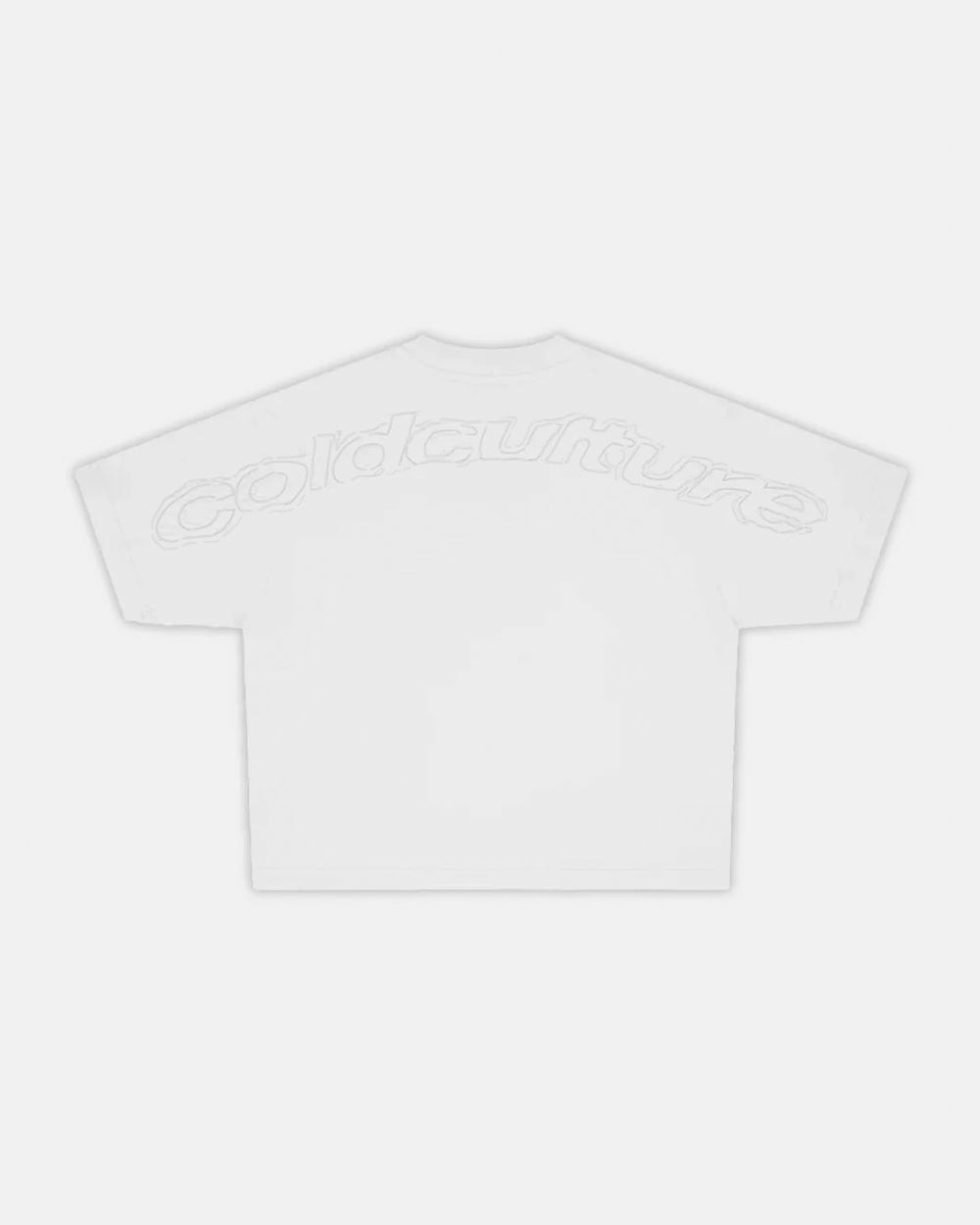 DISTRESS CURVED TEE WHITE - white boxy tee, back view - Cold Culture #packshot