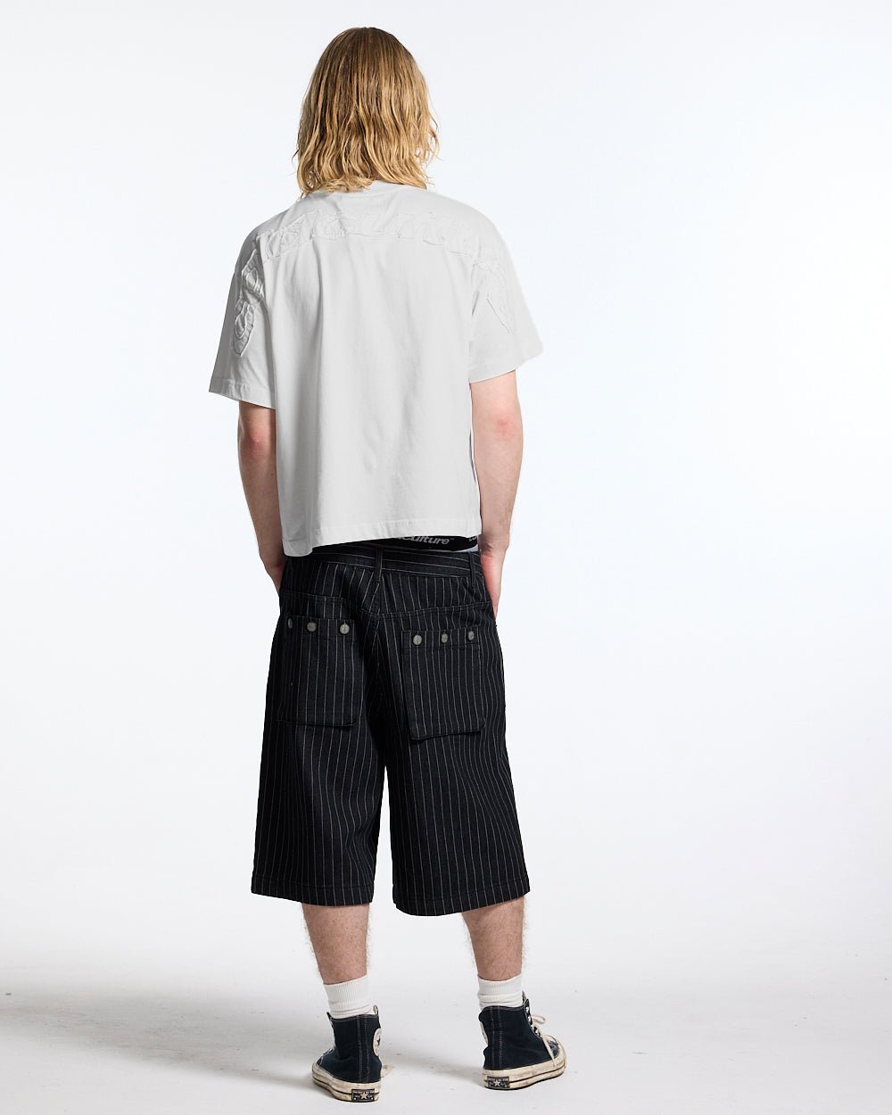 DISTRESS CURVED TEE WHITE - white boxy tee, back view on male model - Cold Culture #man