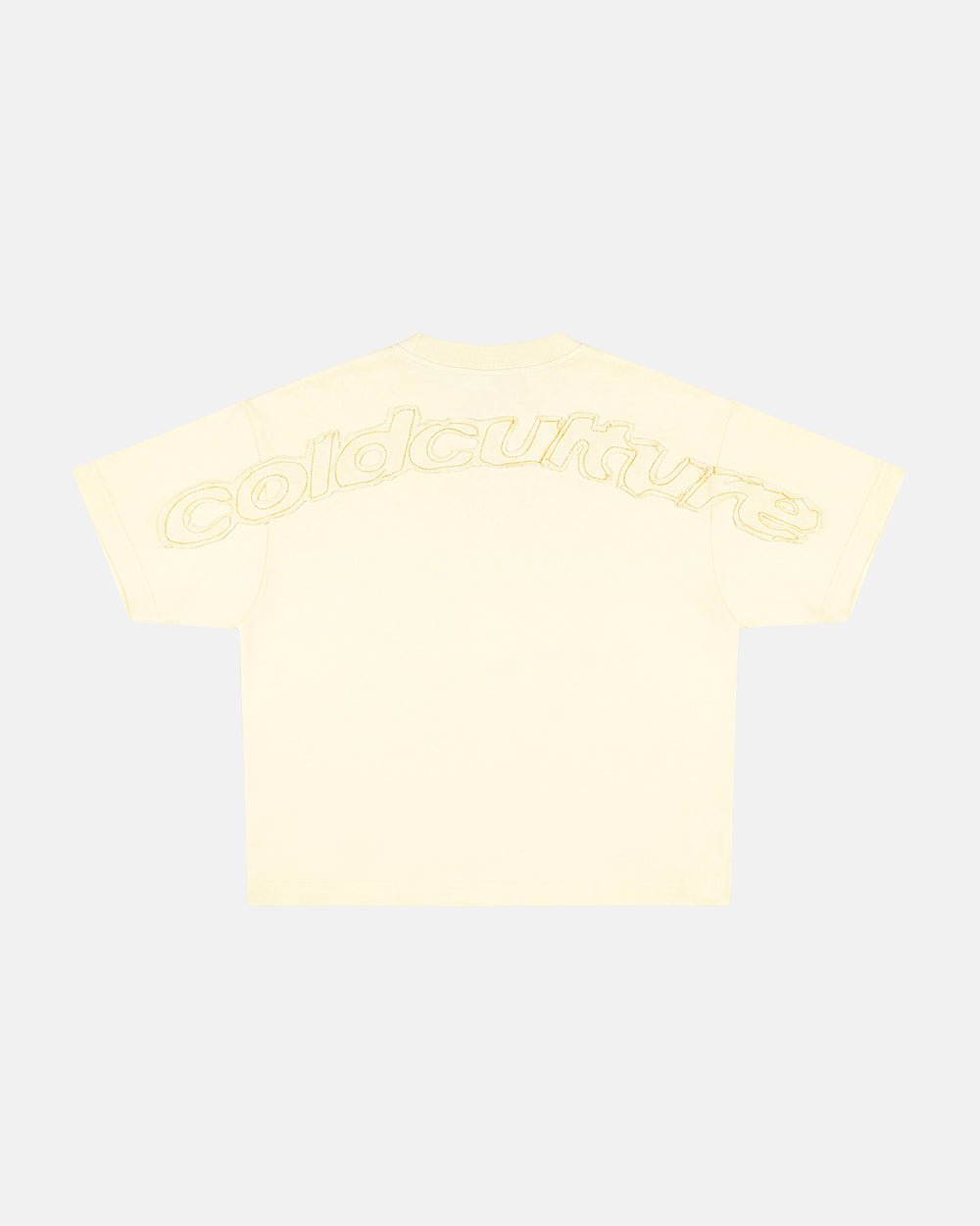 DISTRESS CURVED TEE YELLOW - pale yellow distressed tee, flat lay - Cold Culture #woman