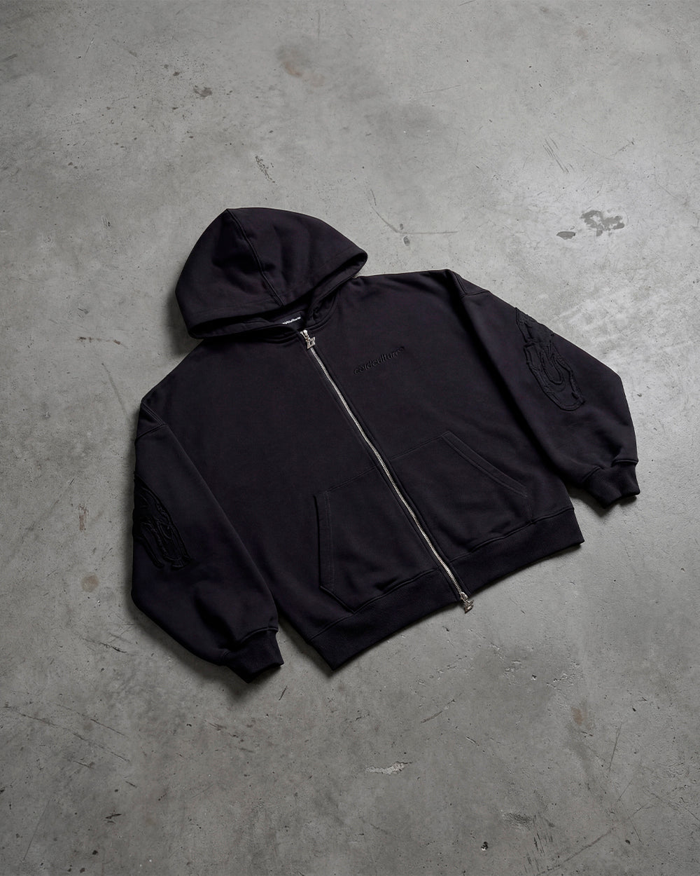 DISTRESS CURVED ZIP HOODIE DARK GREY - dark grey distressed zip-up hoodie, flat lay - Cold Culture