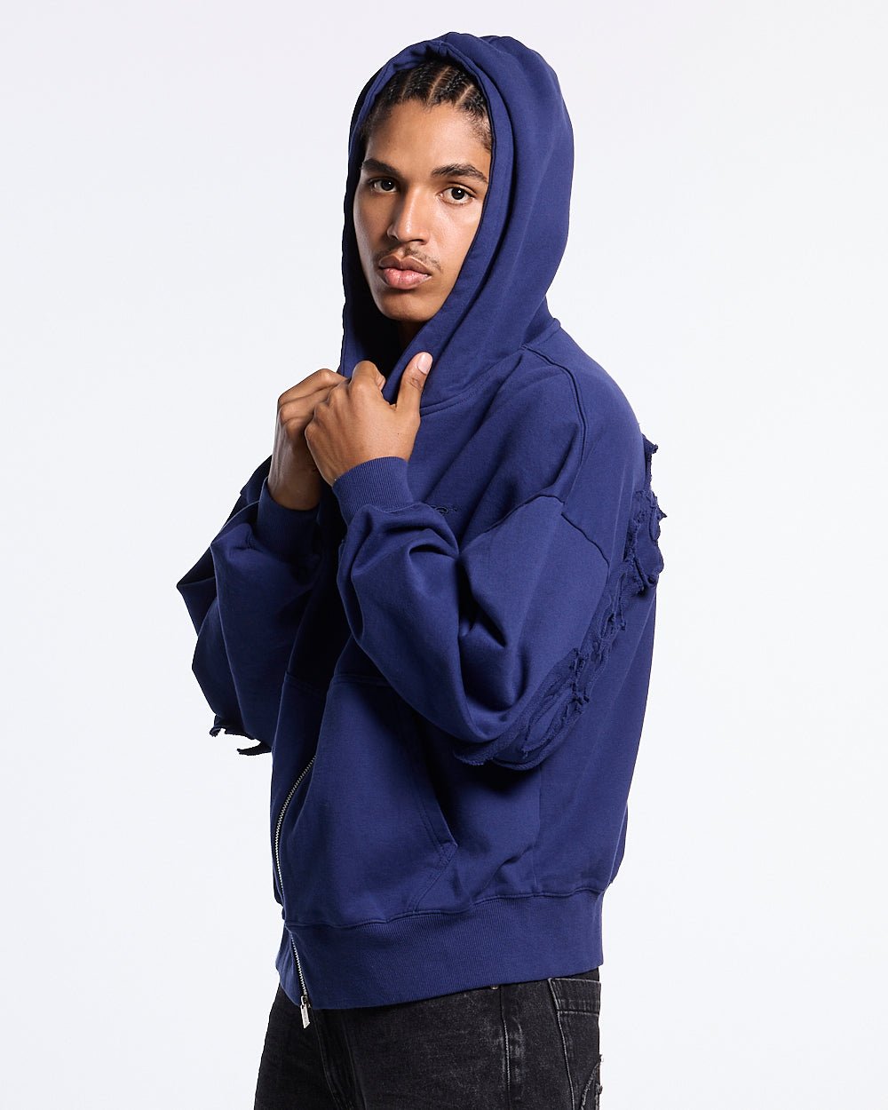 DISTRESS CURVED ZIP HOODIE NAVY - Cold Culture #man