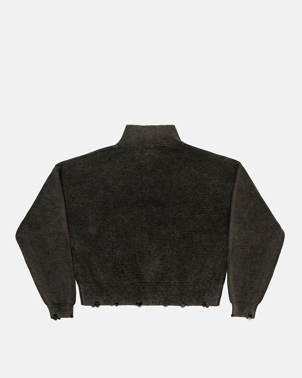 DISTRESS CURVED ZIP KNIT BLACK - black washed zip knit sweater, back view - Cold Culture #packshot