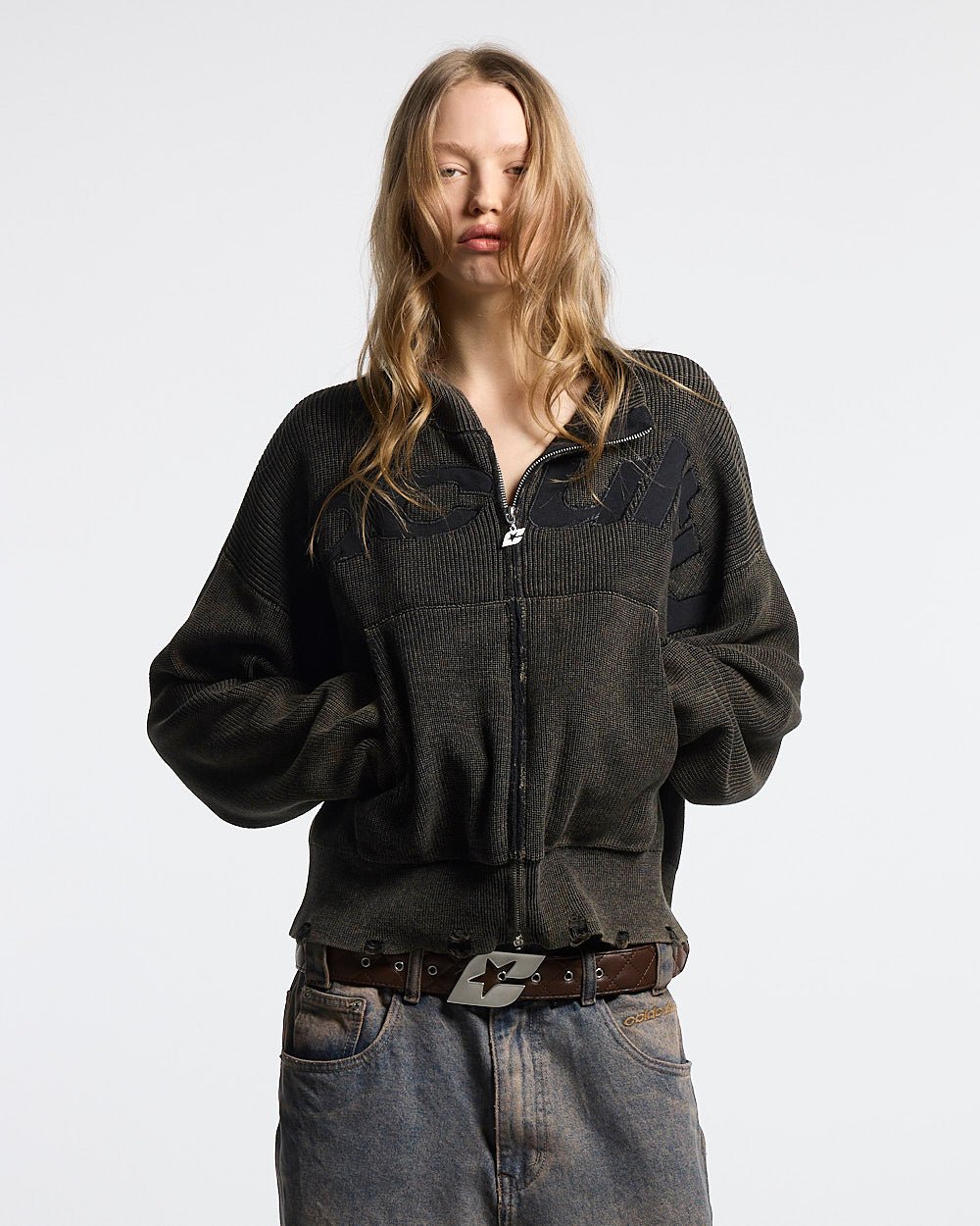 DISTRESS CURVED ZIP KNIT BLACK - black washed zip knit sweater, front view on female model - Cold Culture #woman