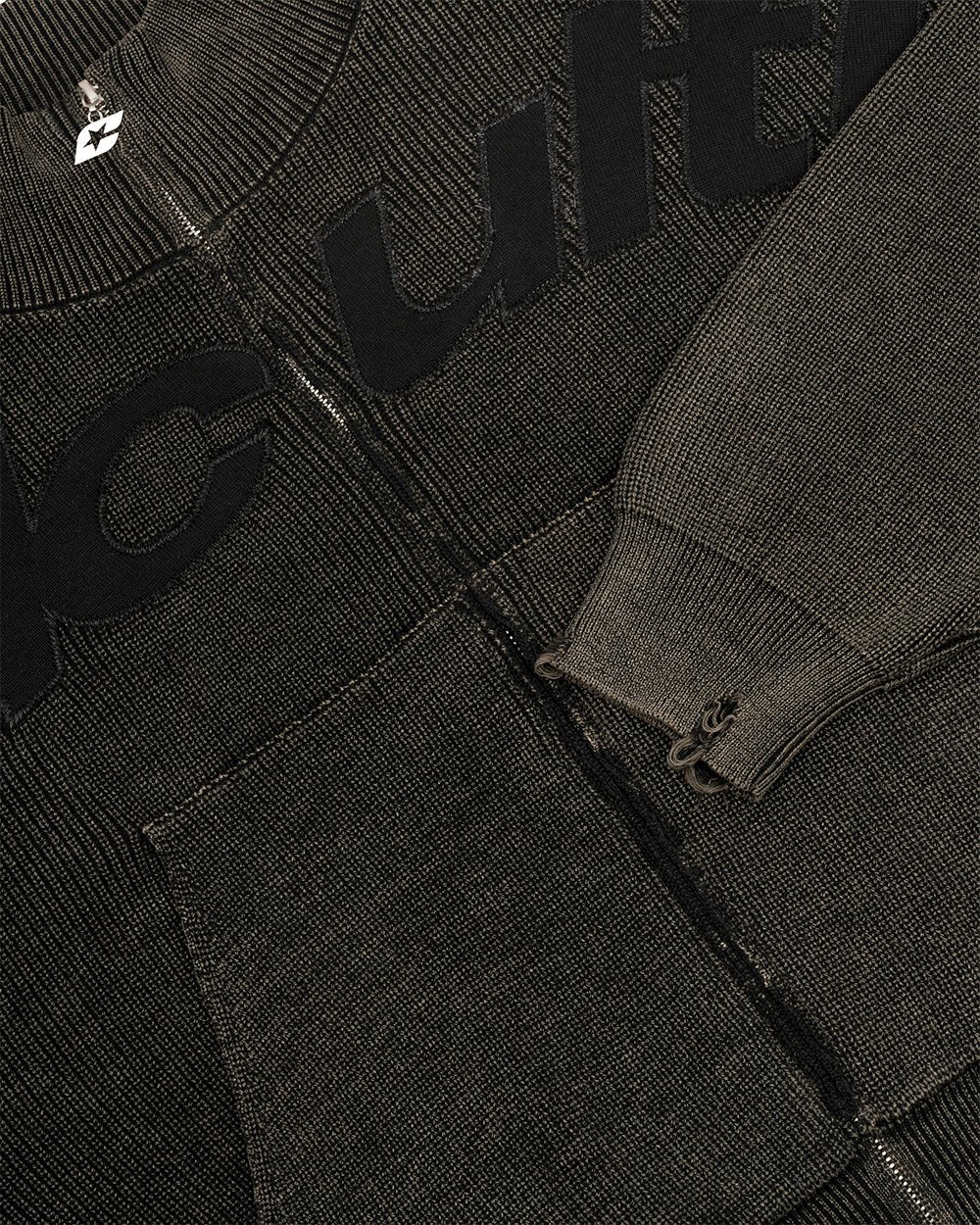 DISTRESS CURVED ZIP KNIT BLACK - black washed zip knit sweater, detail close-up - Cold Culture