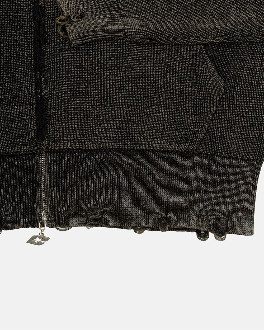DISTRESS CURVED ZIP KNIT BLACK - black washed zip knit sweater, detail close-up - Cold Culture
