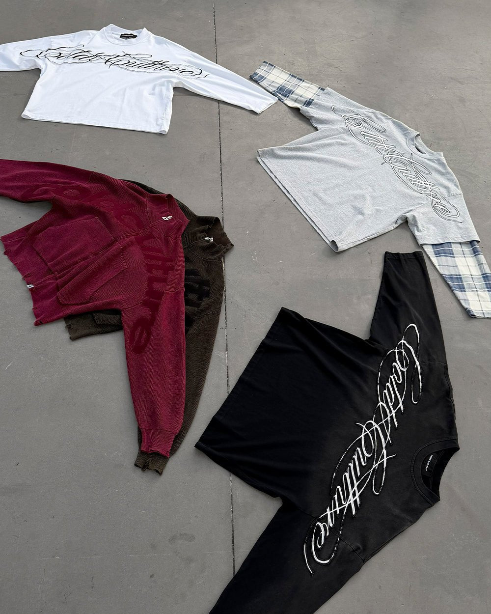 DISTRESS CURVED ZIP KNIT BURGUNDY - burgundy washed zip knit sweater, flat lay with matching pieces - Cold Culture