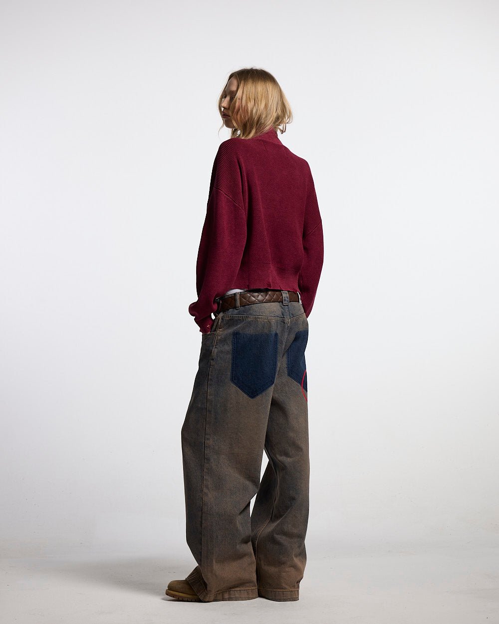 DISTRESS CURVED ZIP KNIT BURGUNDY - burgundy washed zip knit sweater, back view on female model - Cold Culture #woman