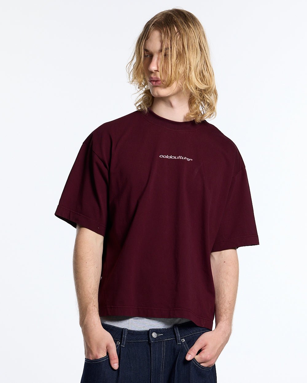 DISTRESS DEFENSE TEE BURGUNDY - burgundy graphic print tee, front view on male model - Cold Culture #man