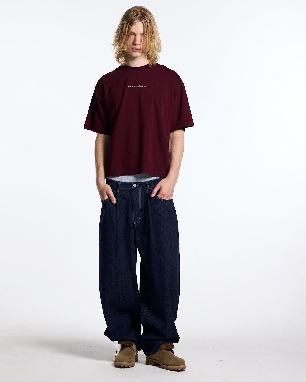 DISTRESS DEFENSE TEE BURGUNDY - burgundy graphic print tee, front view on male model - Cold Culture #man