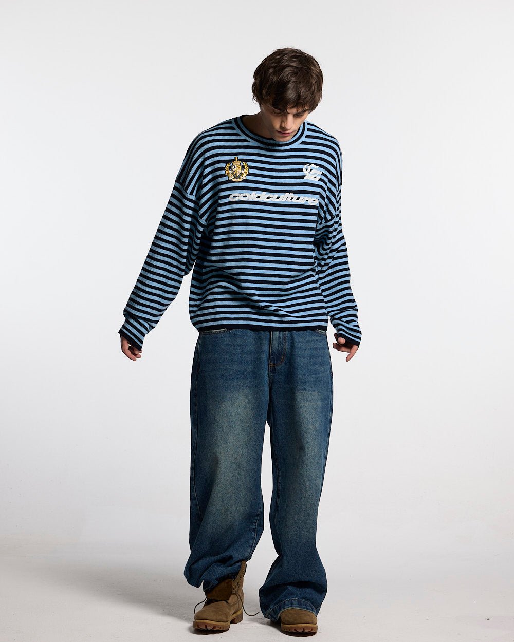 DISTRESS STARS V2 PANTS BLUE DENIM - blue washed denim pants, front view on male model - Cold Culture #man