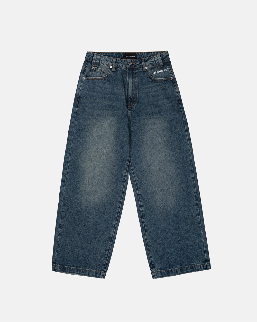 DISTRESS STARS V2 PANTS BLUE DENIM - blue washed denim pants, front view - Cold Culture #packshot