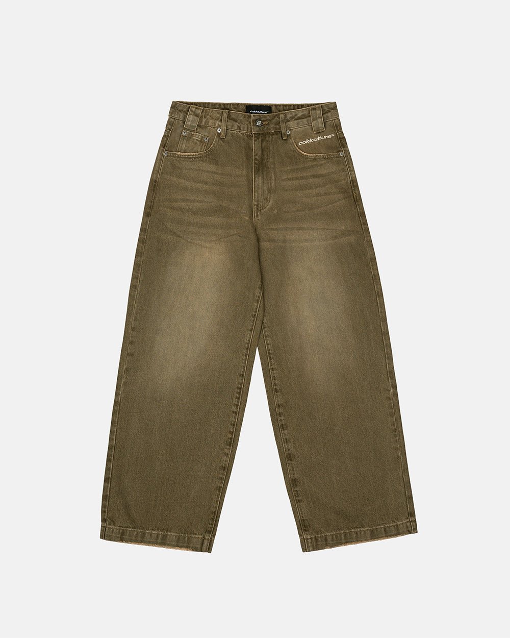 DISTRESS STARS V2 PANTS BROWN DENIM - brown washed denim pants, front view - Cold Culture #packshot
