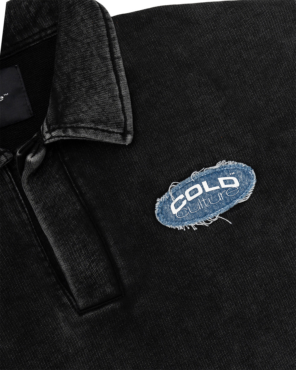 DISTRESSED DOLLAR POLO BLACK - black polo with denim applique, detail close-up - Cold Culture