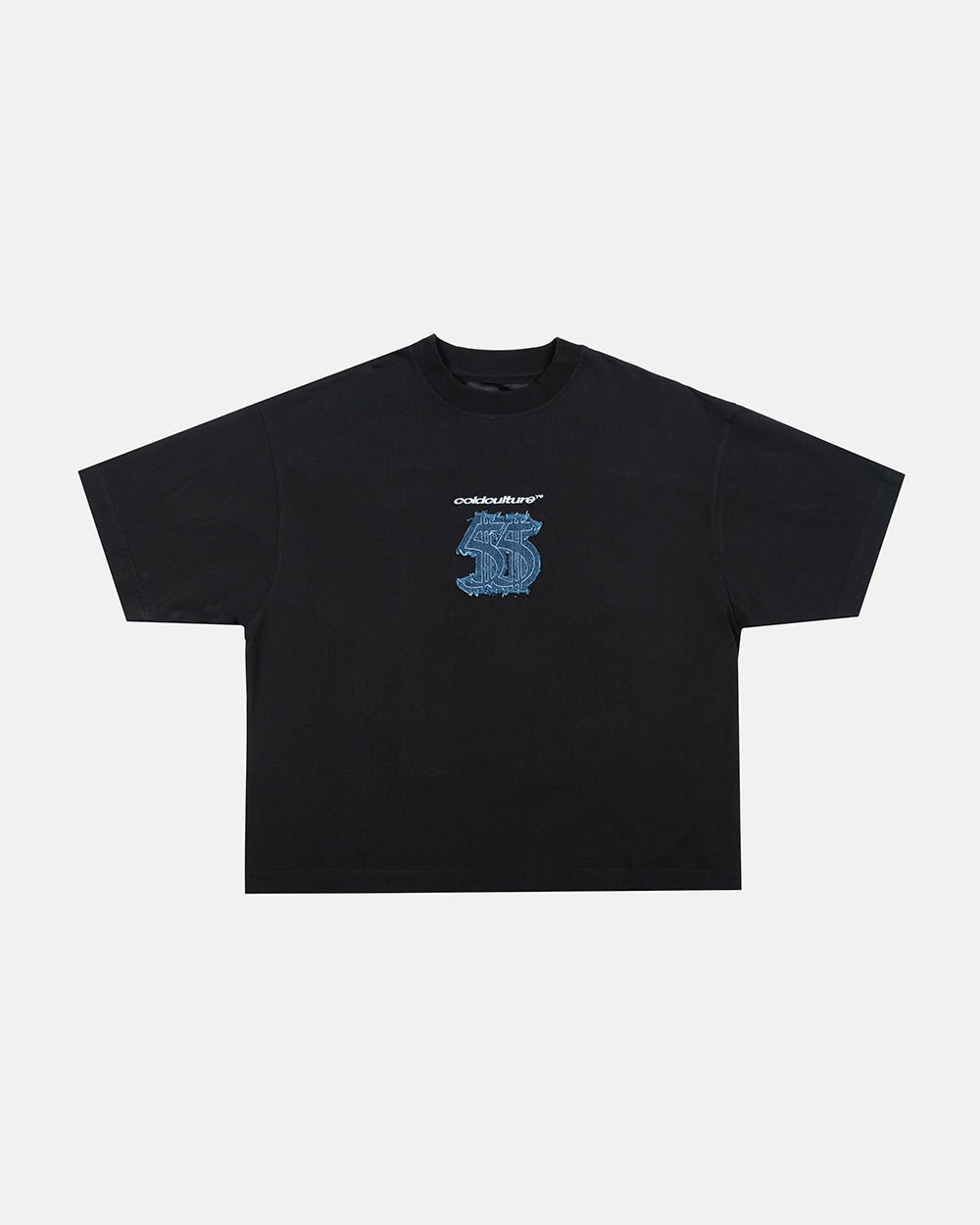 DISTRESSED DOLLAR TEE BLACK - black tee with denim applique, front view - Cold Culture #woman