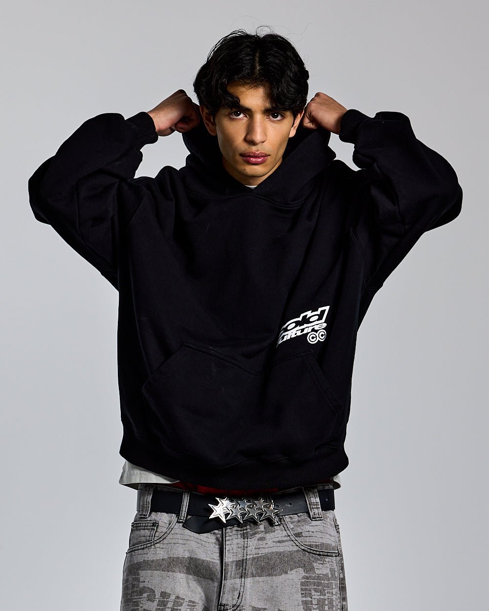 DOGS HOODIE BLACK - black graphic print hoodie, front view on male model - Cold Culture #man