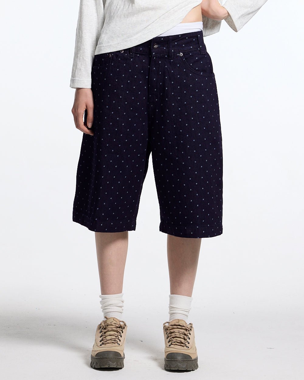DOT CLUB SHORTS BLACK - black polka dot shorts, front view on female model - Cold Culture #woman
