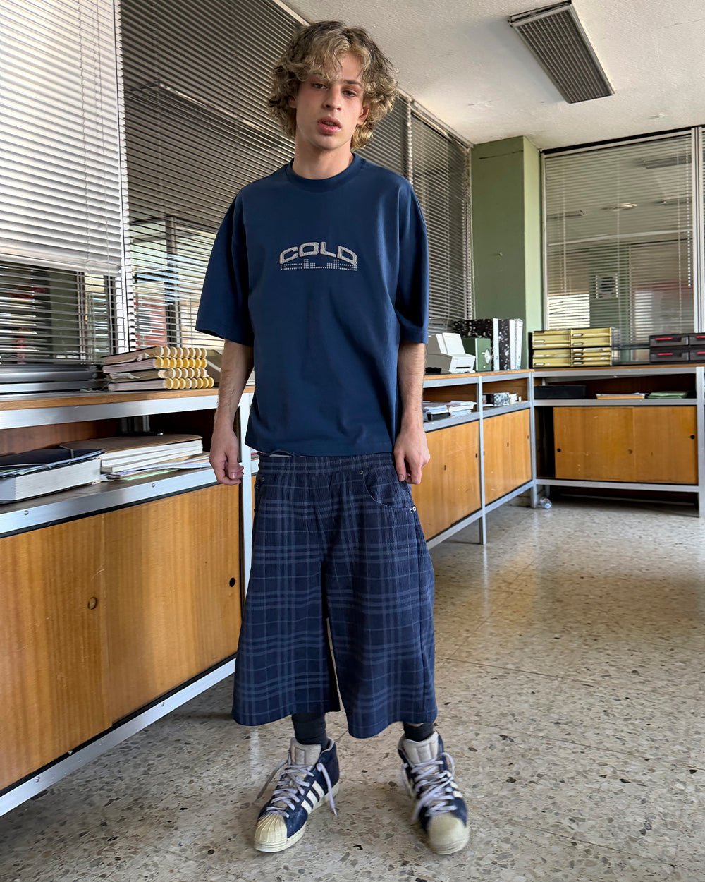 DOTS CLUB TEE BLUE - blue graphic print tee, street style shot - Cold Culture