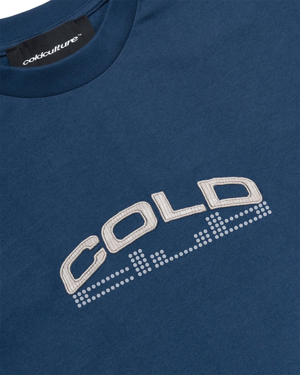 DOTS CLUB TEE BLUE - blue graphic print tee, detail close-up - Cold Culture