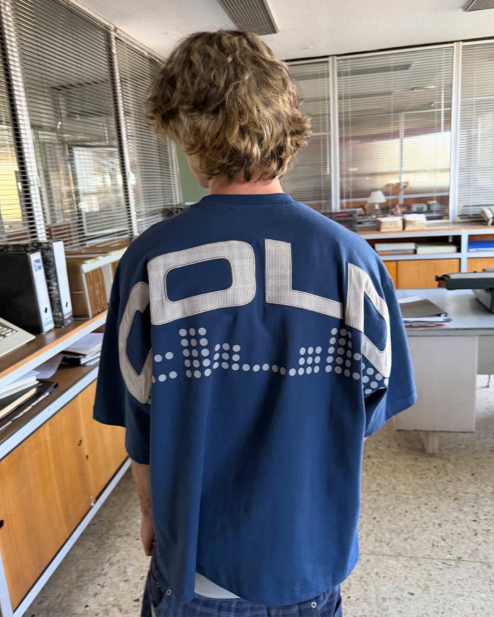 DOTS CLUB TEE BLUE - blue graphic print tee, street style shot - Cold Culture