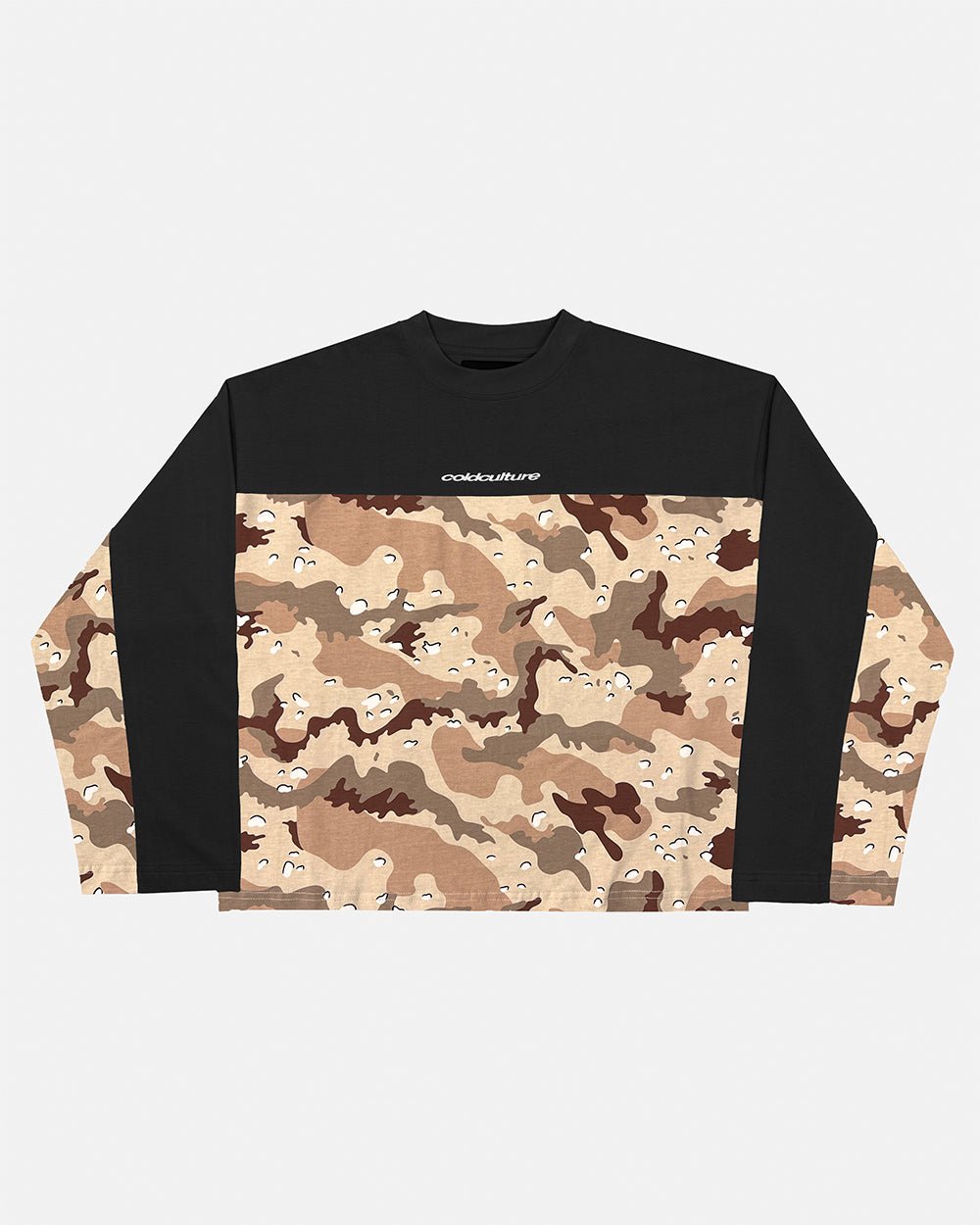 DOUBLE SIDED LONGSLEEVE CAMO - black and camo longsleeve tee, front view - Cold Culture #packshot