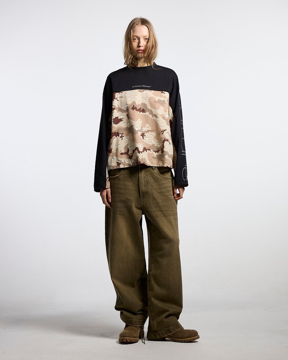 DOUBLE SIDED LONGSLEEVE CAMO - black and camo longsleeve tee, front view on female model - Cold Culture #woman