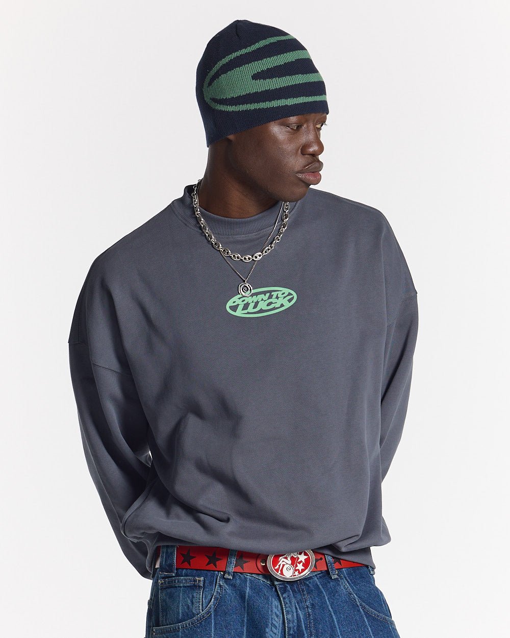 DOWN TO LUCK CREWNECK DARK BLUE - dark blue oversized crewneck sweatshirt, front view on male model - Cold Culture #man