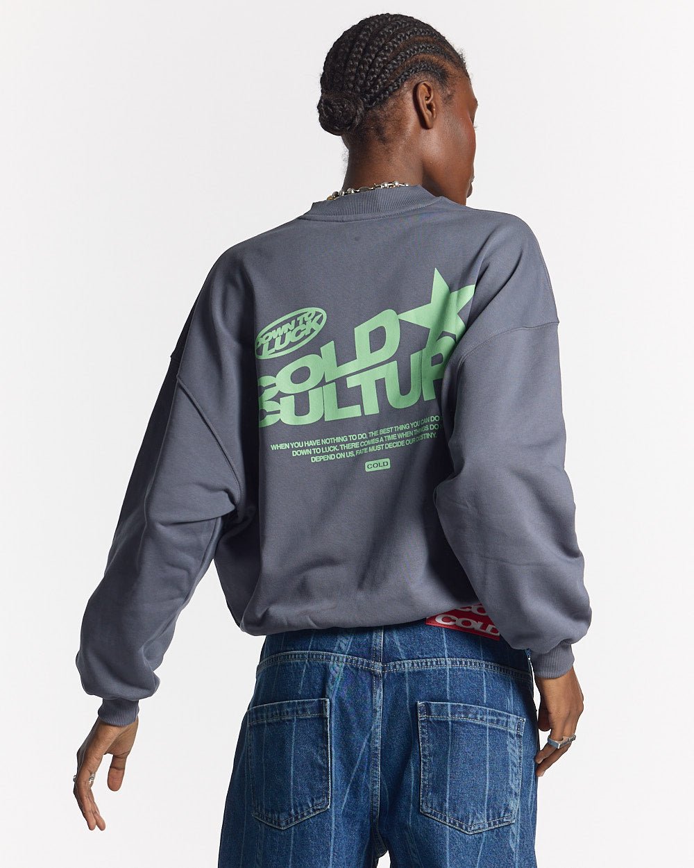 DOWN TO LUCK CREWNECK DARK BLUE - dark blue oversized crewneck sweatshirt, back view on female model - Cold Culture #man