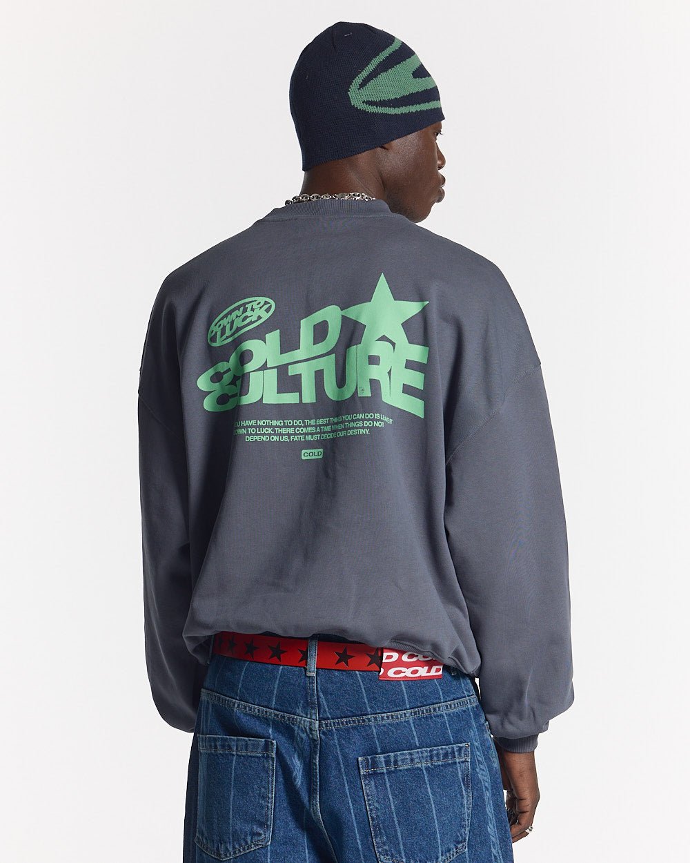 DOWN TO LUCK CREWNECK DARK BLUE - dark blue oversized crewneck sweatshirt, back view on male model - Cold Culture #man