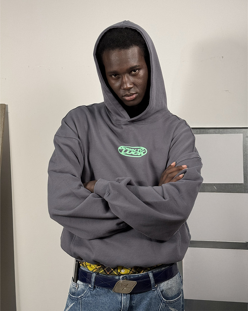 DOWN TO LUCK HOODIE - washed navy graphic print hoodie, front view on male model - Cold Culture #man
